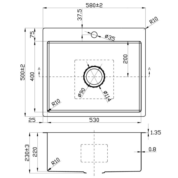 EDEN SINGLE BOWL ABOVE/UNDERMOUNT SINK (R10 CORNER) - PR5340LT - Image 2