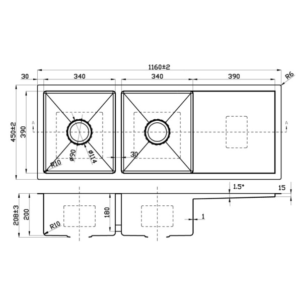 EDEN DOUBLE BOWLS & SINGLE DRAINERS KITCHEN SINK - PS1160DR - Image 2
