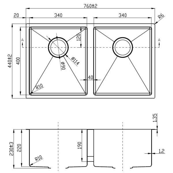 EDEN DOUBLE BOWLS ABOVE / UNDERMOUNT SINK (R10 CORNER) - PS340DR-230 - Image 2