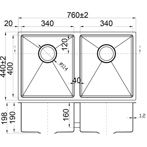 EDEN DOUBLE BOWLS ABOVE / UNDERMOUNT SINK (R10 CORNER) - PS340DR - Image 2