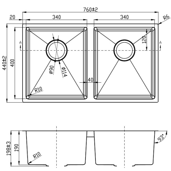 EDEN DOUBLE BOWLS ABOVE / UNDERMOUNT SINK (R10 CORNER) - PS340DR-A - Image 2