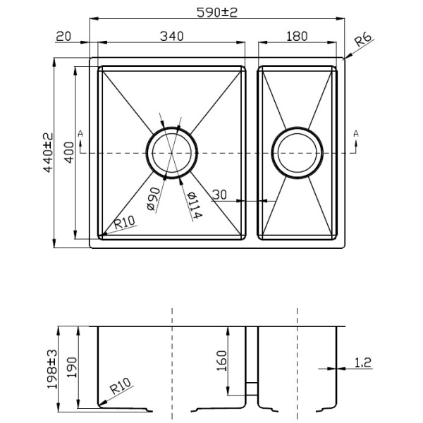 EDEN ONE AND HALF BOWLS UNDERMOUNT SINK (R10 CORNER) - PS590R - Image 2