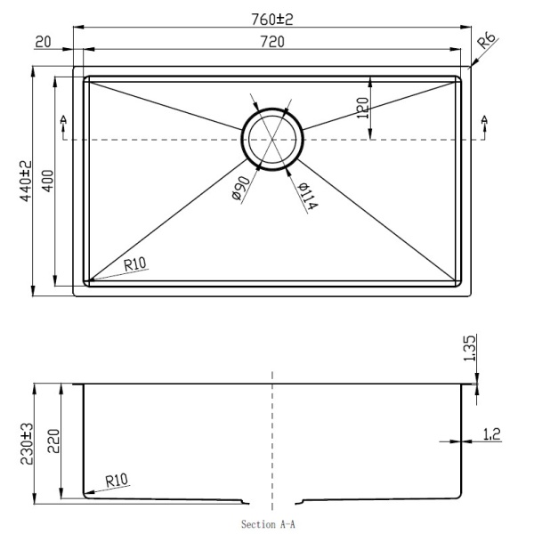 EDEN SINGLE BOWL ABOVE / UNDERMOUNT SINK (R10 CORNER) 230MM  - PS720R-230 - Image 2