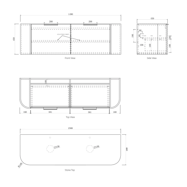 Bondi 1500mm  Wall Hung Curve Vanity - Image 11