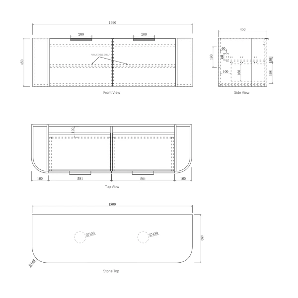 Bondi 1500mm Fluted Wall Hung Curve Vanity - Image 15