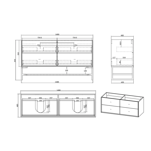 Boston 1500mm Light Grey Wall Hung Vanity - Image 4