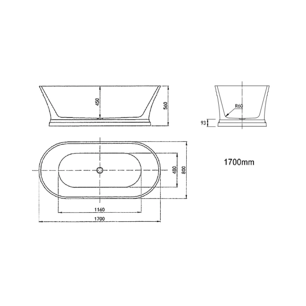 Hampton 1700x800x560 Gloss White Bathtub NF - Image 2