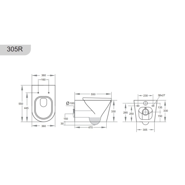 Wall Hung Pans - KDK305R Veda Rimless Wall Hung Pan - Image 2