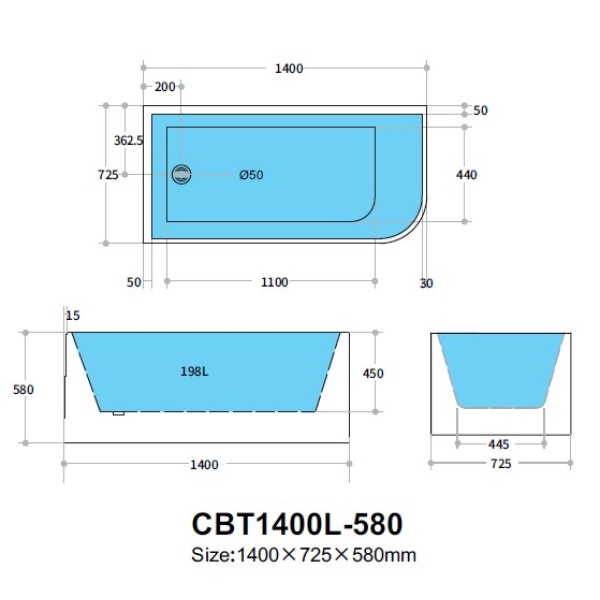 Casey Back to Wall Bathtub 1400*725*580mm - CBT1400L-580 - Image 3