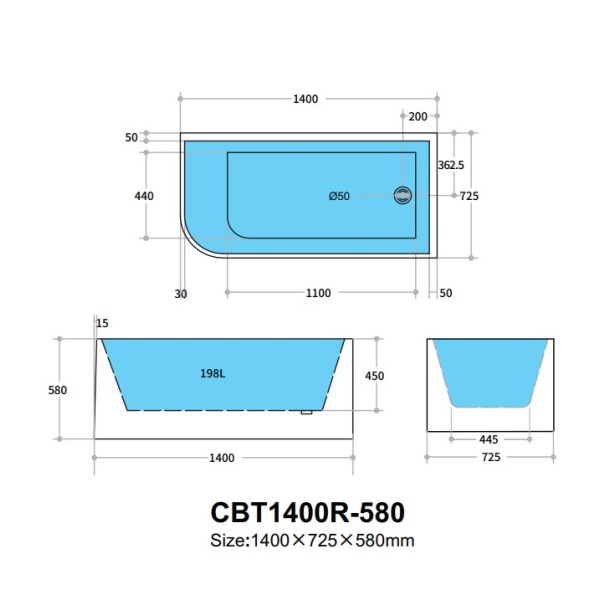 Casey Back to Wall Bathtub 1400*725*580mm - CBT1400R-580 - Image 3