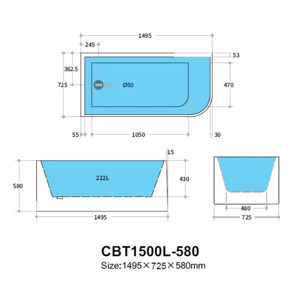 Casey Back to Wall Bathtub 1495*725*580mm - CBT1500LMW-580 - Image 3