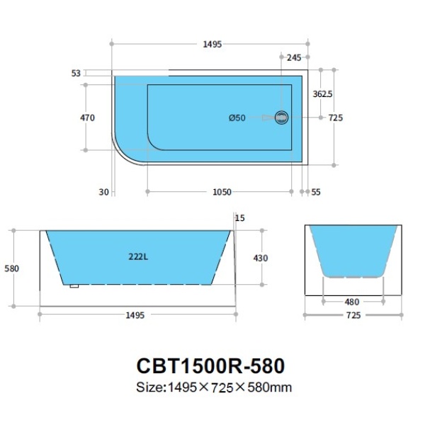 Casey Back to Wall Bathtub 1690*730*580mm - CBT1700RMW-580 - Image 3