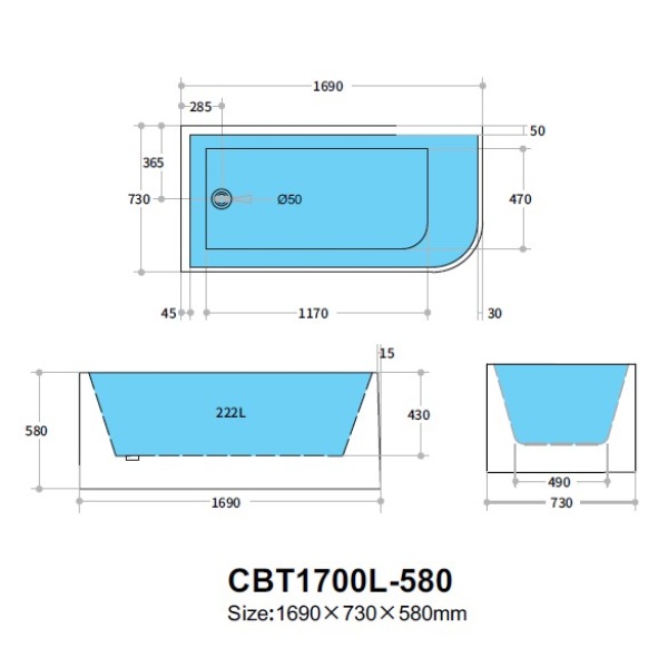 Casey Back to Wall Bathtub 1690*730*580mm - CBT1700LMW-580 - Image 3