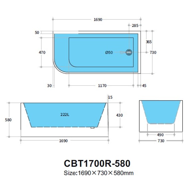 Casey Back to Wall Bathtub 1690*725*580mm - CBT1700R-580 - Image 3