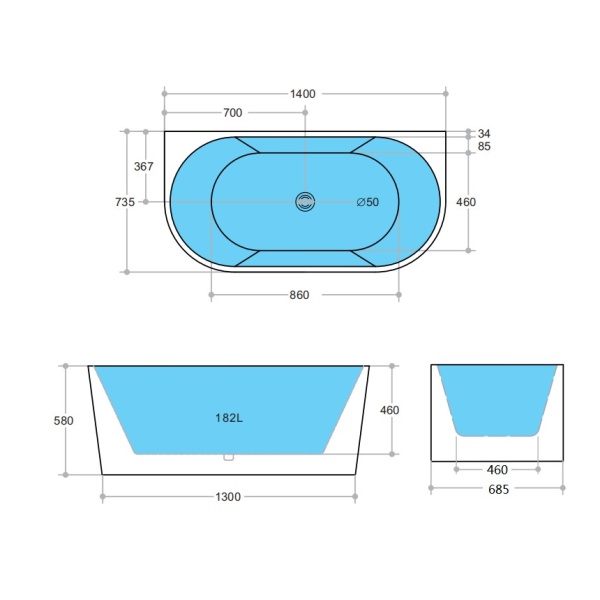 Back to Wall Bathtub - ELBT1400 - Image 3