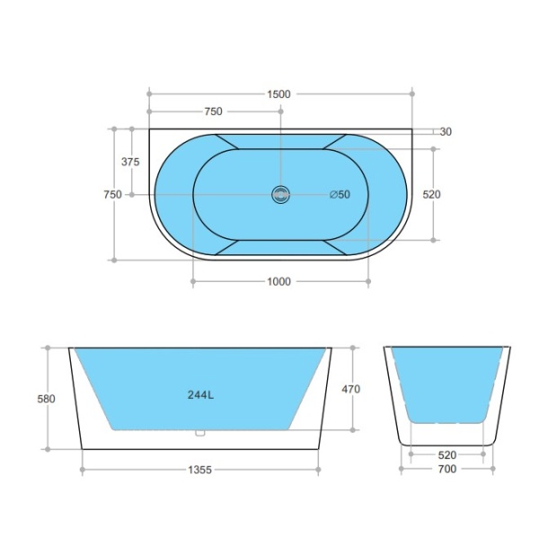 Back to Wall Bathtub - ELBT1500 - Image 3