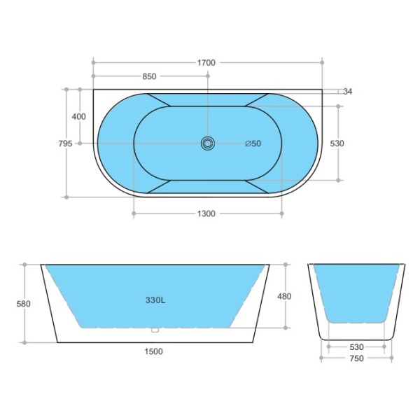 Back to Wall Bathtub - ELBT1700 - Image 3