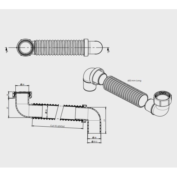 Bathtub Waste Bath Connector Universal  FLEX 40mm (600)   - 31916 - Image 2