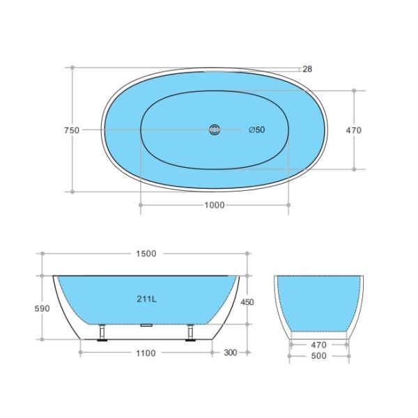 Stella Free Standing Bathtub 1500*750*590mm - MBBT-5-1500 - Image 5