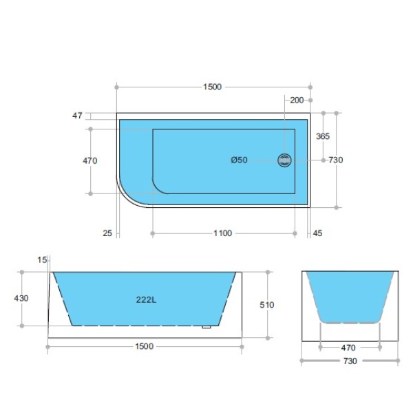 Casey Back to Wall Bathtub 1500*730*510mm - CBT1500R-510 - Image 3