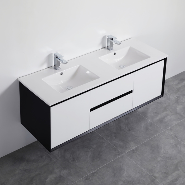 Petra Wall Hung PVC Vanities - PE Wall Hung Cabinet with Double Bowl Ceramic Top (PC1246D) - PE1200WH-DBC - Image 2