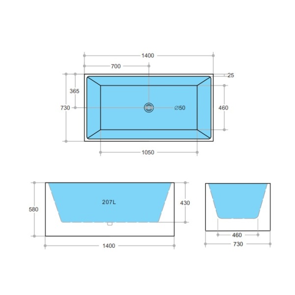 Back to Wall Bathtub - THBT1400 - Image 3
