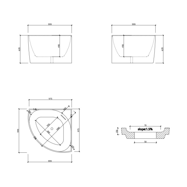 Bella Corner Bath Gloss White / Matte White  Back to Wall Bathtub 975*975*635mm - BL1000-GW - Image 3