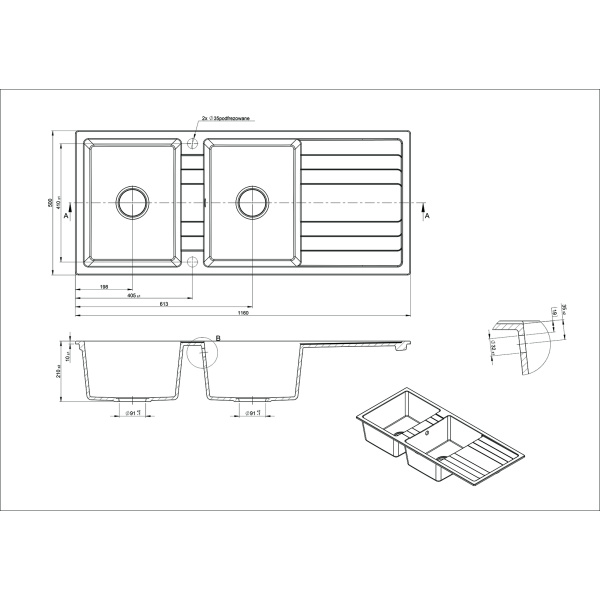 Ria Double Bowl Granite Sink with Drainer 25L+25L - Image 2