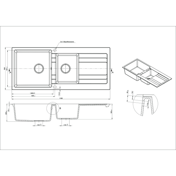 Ria One & Half Bowl Granite Sink with Drainer 30L+18L - Image 2