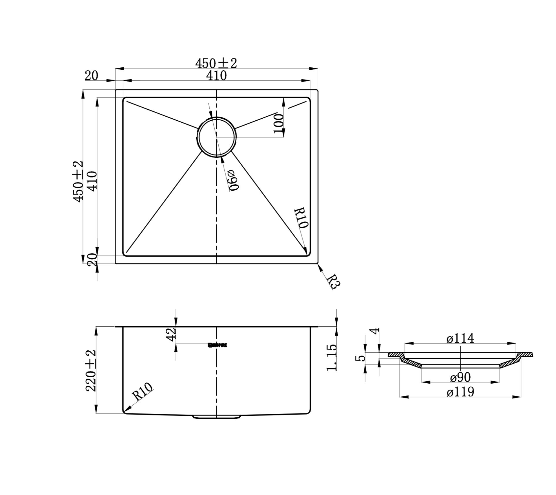 Axon Sink 45S 450x450x220 Brushed Gold - Image 3