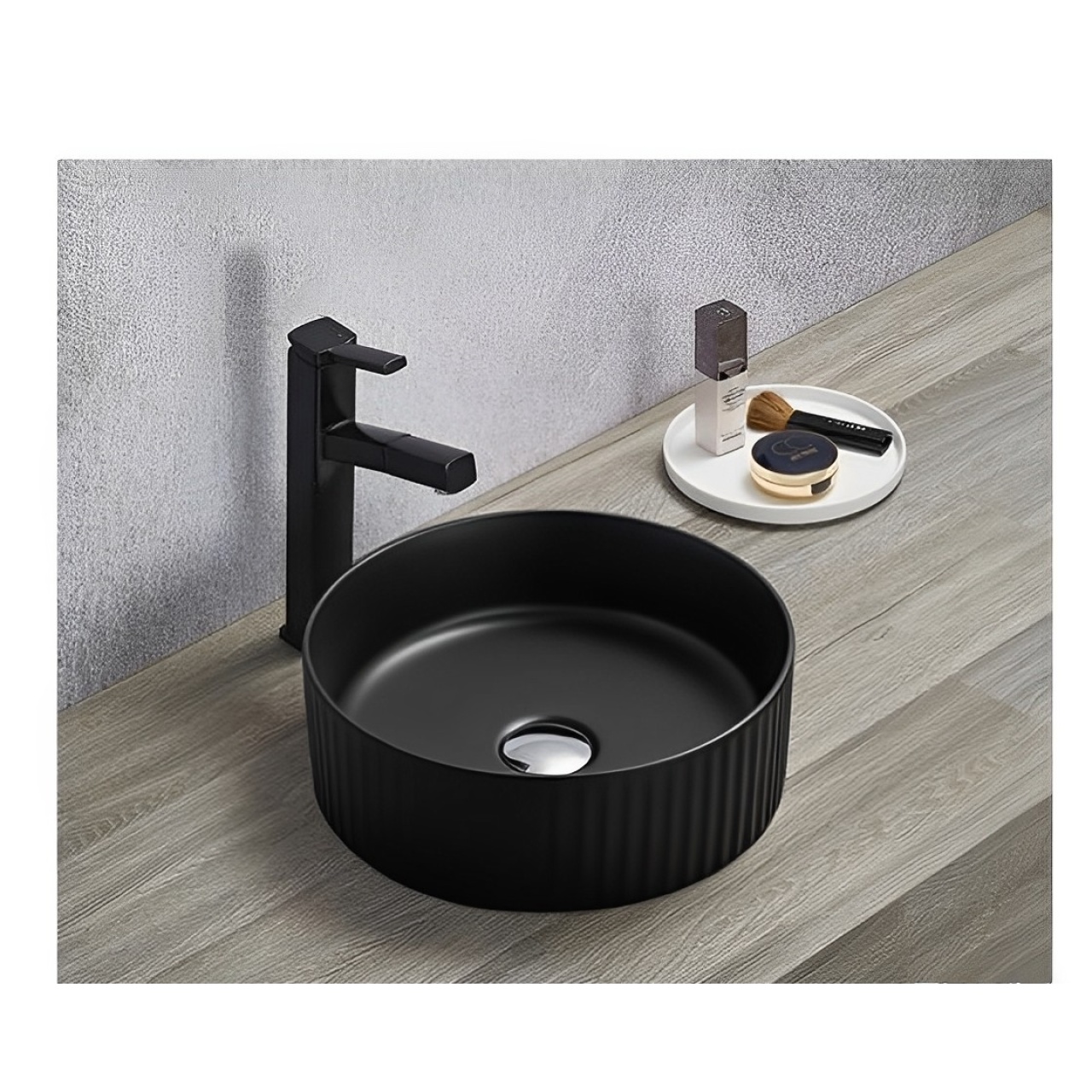 Olley Fine Ceramic Fluted Art Basin Matte Black 400x400