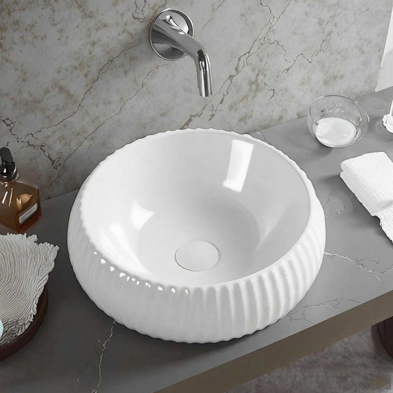 Oran Fine Ceramic Fluted Art Basin Gloss White 410x410