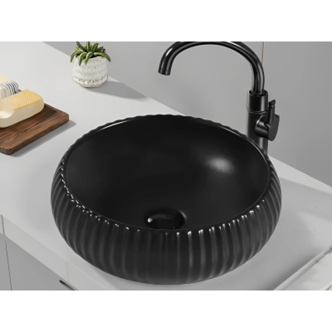Oran Fine Ceramic Fluted Art Basin Matte Black 410x410