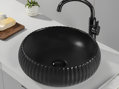 Oran Fine Ceramic Fluted Art Basin Matte Black 410x410