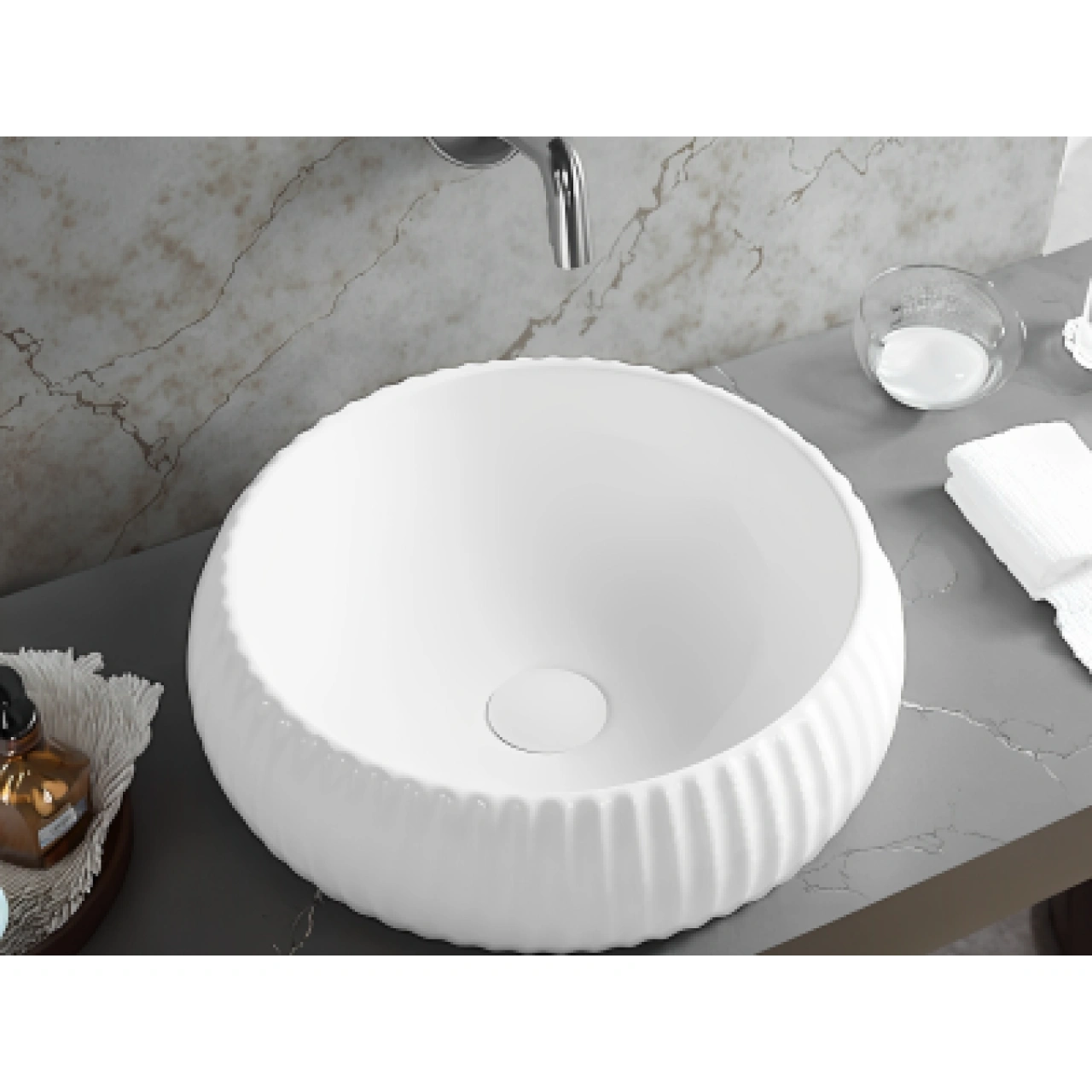 Oran Fine Ceramic Fluted Art Basin Matte White 410x410
