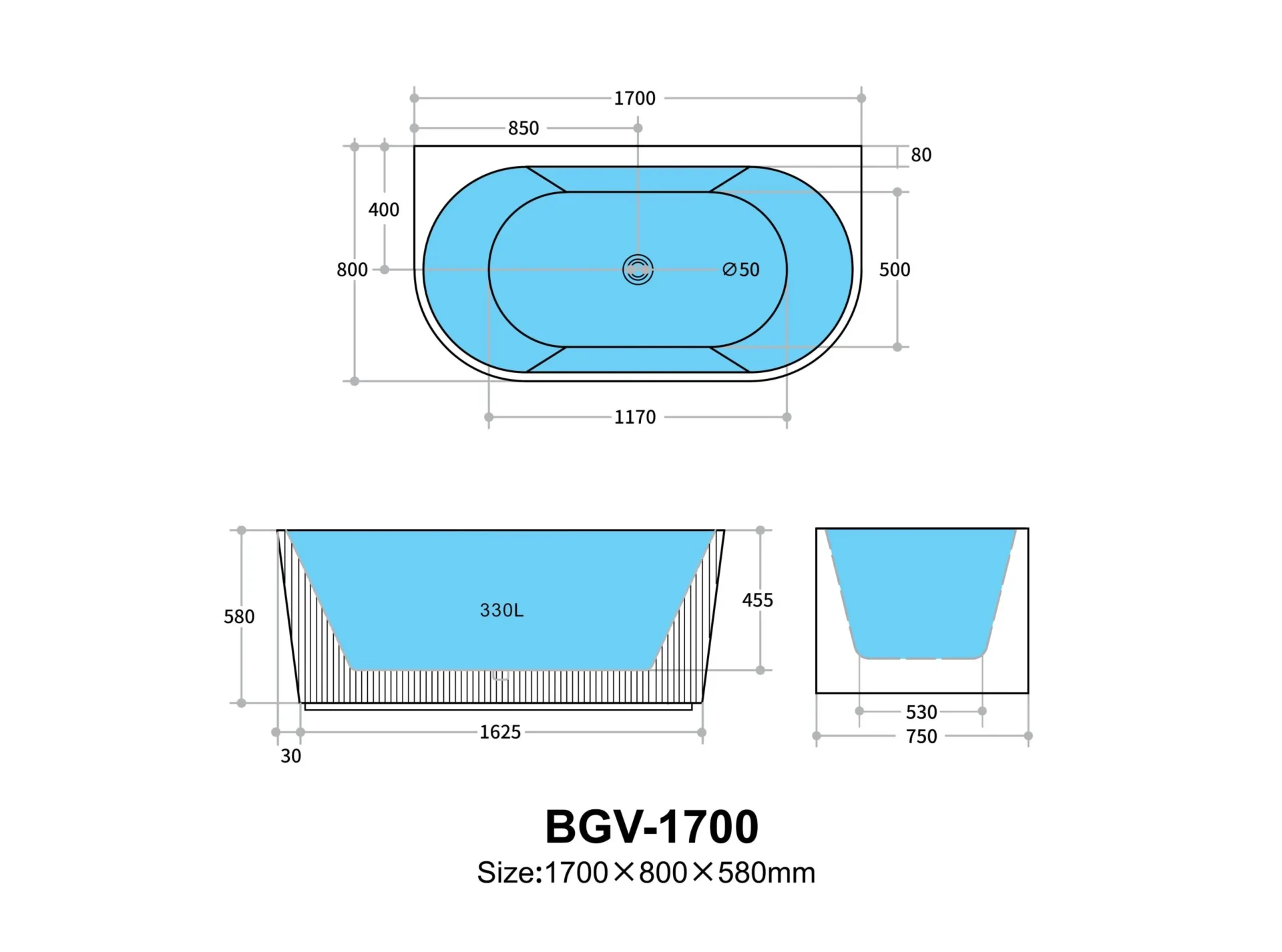 Ceto Bari Groove 1700mm Fluted Oval Freestanding Back to Wall Bath - Image 5