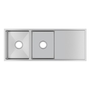Round Corner Chrome Stainless Steel Handmade Double Bowl with Drain Board Kitchen Sink 1160*460*230mm