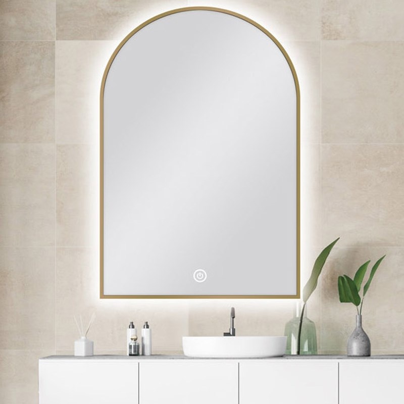 600*900mm Carysil Arch 3 Color Lighting Gold Framed LED Mirror Touch Sensor Switch Defogger Pad